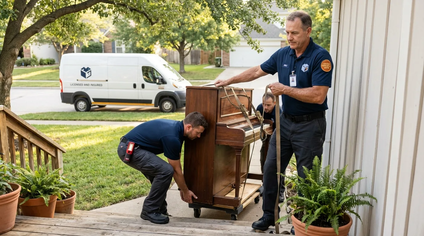 Licensed piano movers securing grand piano in Salem, WI