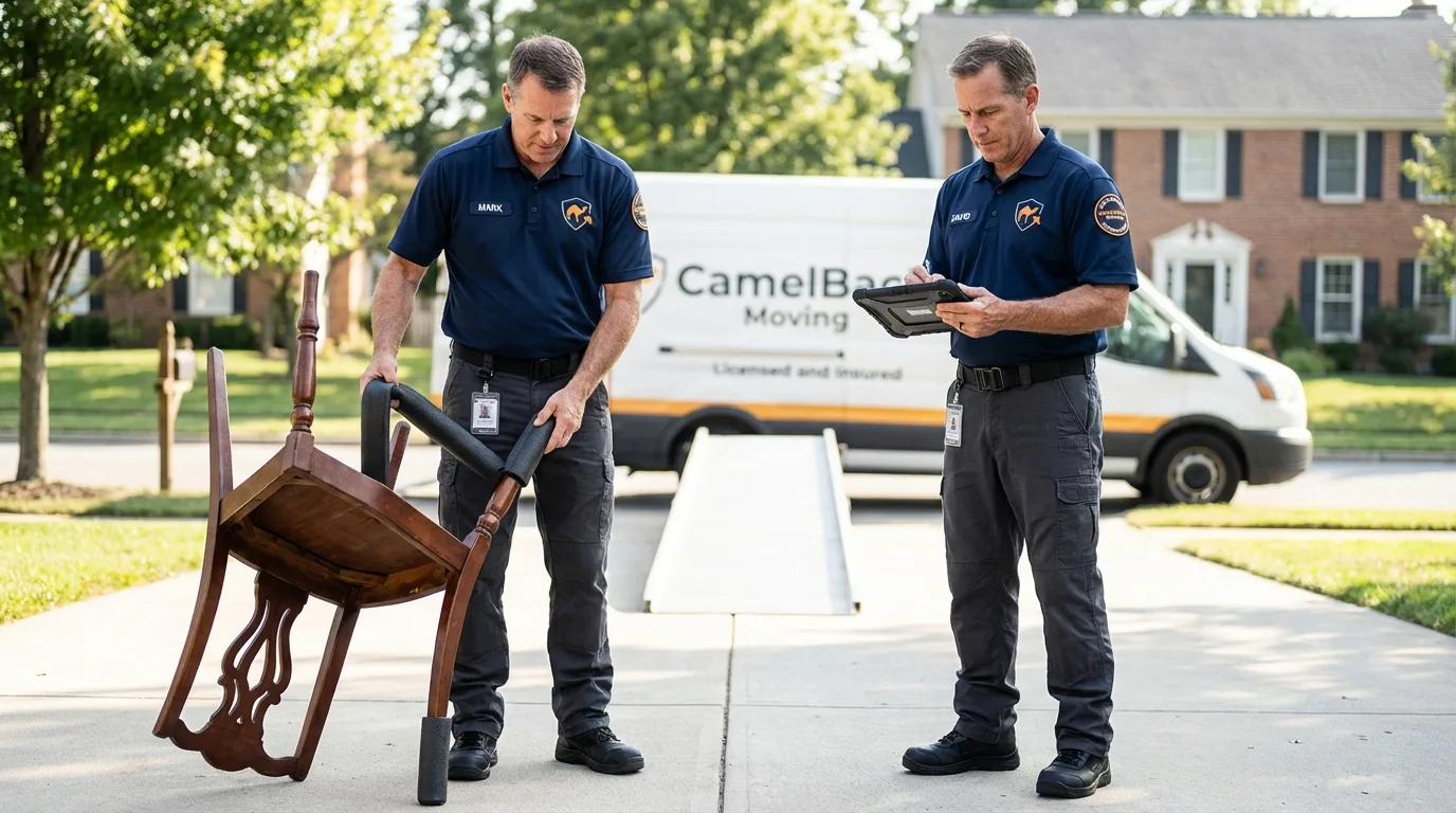 Movers inspecting furniture for damage prevention before loading in Salem, WI