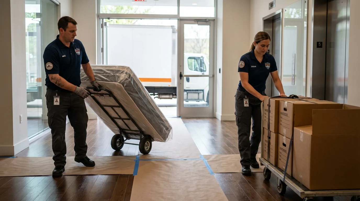 Professional apartment movers loading elevator in Salem, WI