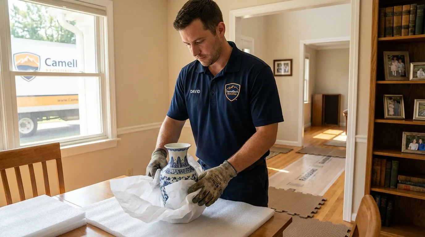 Professional crew carefully wrapping antique vase for senior downsizing move in Salem, WI